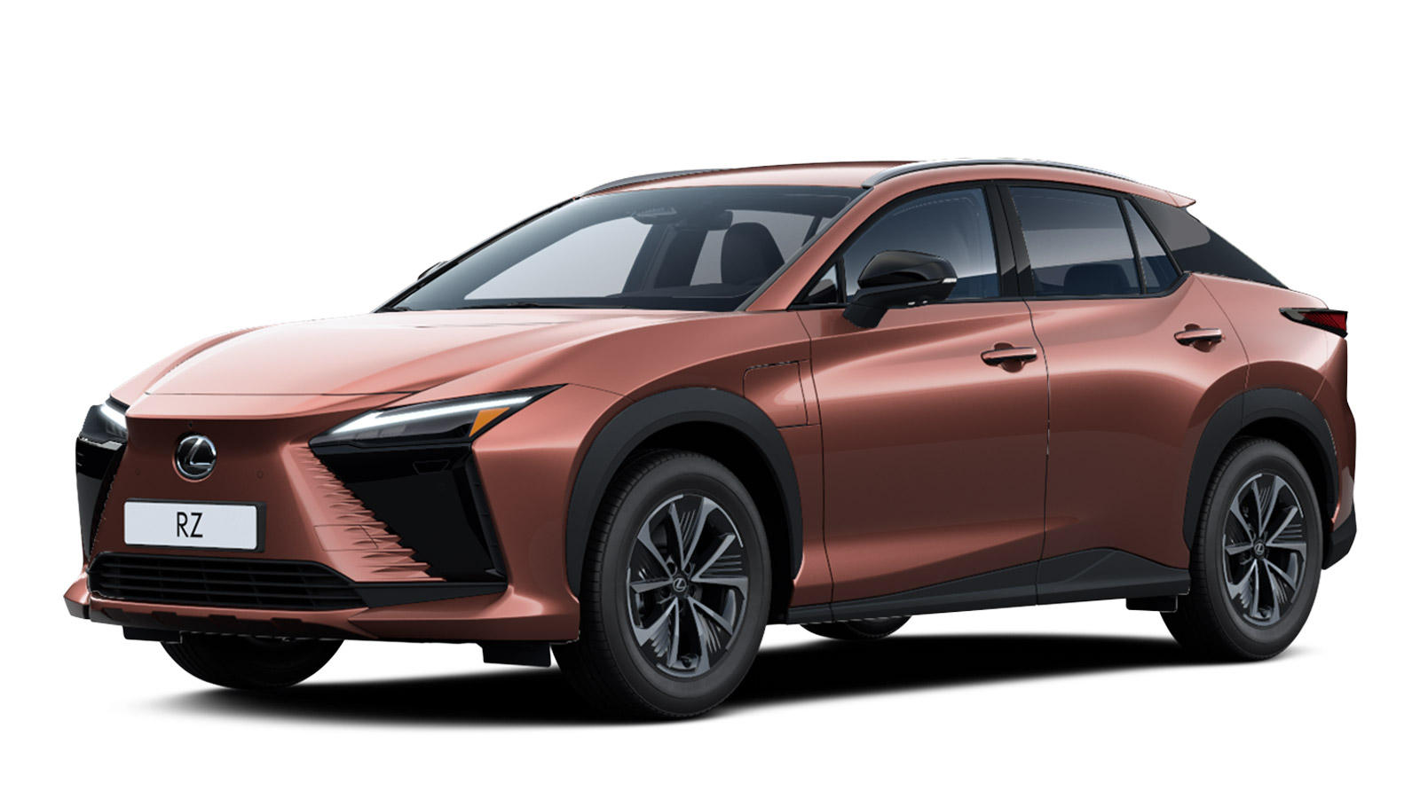 Ein kupferfarbener Lexus RZ in der Seitenansicht