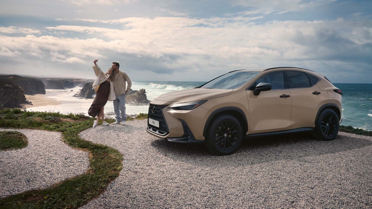 Ein Lexus NX geparkt an der Küste mit zwei Menschen im Hintergrund